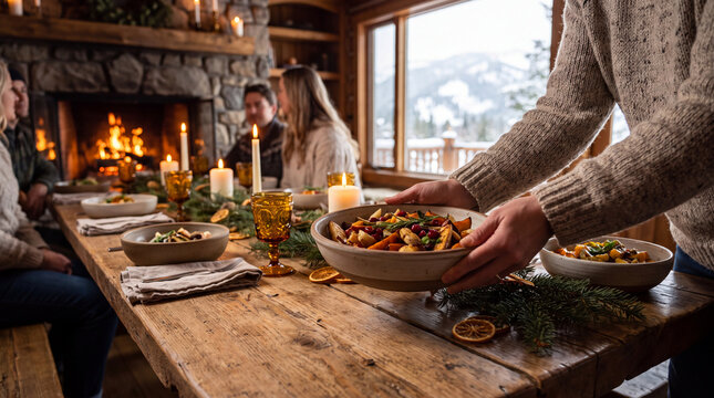 Serving roasted vegetables at holiday dinner table inside cozy cabin