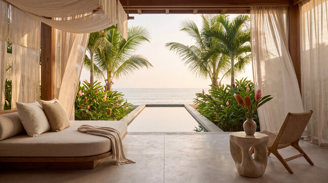 Luxury tropical resort room with private pool overlooking the ocean