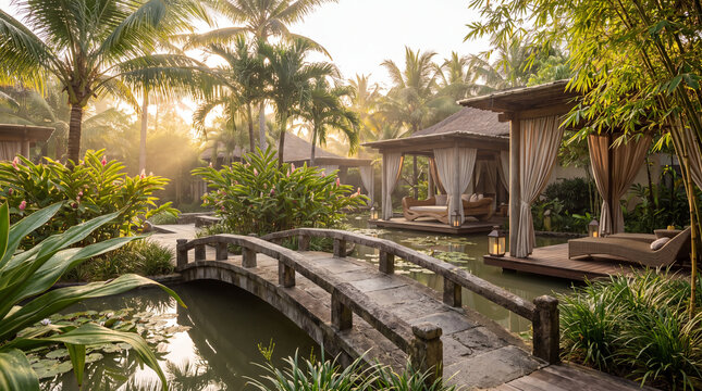 Serene tropical resort garden with stone bridge, pond, and luxury pavilions