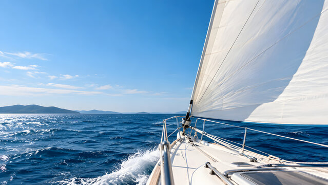 View from sailboat deck sailing on blue ocean with white sail, clear blue sky and distant mountains on sunny day
