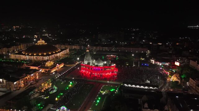 PREM MANDIR- AERIAL DRONE VIEW OF BEAUTIFULLY ILLUMINATED TEMPLE IN VRINDAVAN