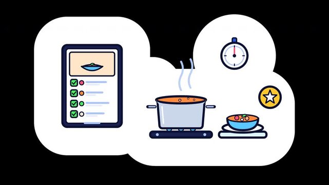Bold sticker of a home kitchen scene with a tablet showing a recipe and ingredient checklist, a soup pot on a stove with blue flames, a kitchen timer and a counter, on a transparent background. Tomato