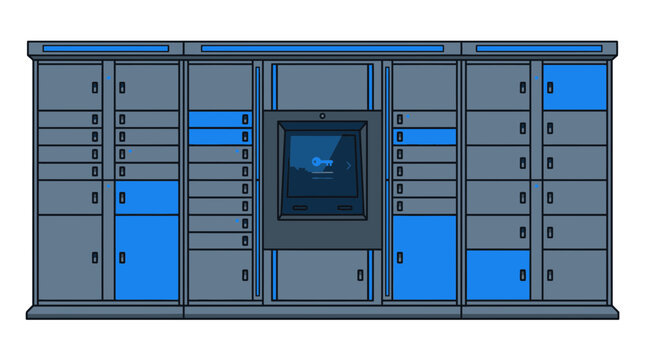 illustration of an automated smart parcel locker station with digital touchscreen display on white background