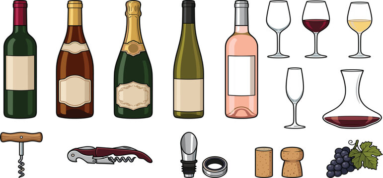 Assorted wine bottles and glass stemware set with sommelier tools for restaurant bar beverage menu illustration design vector