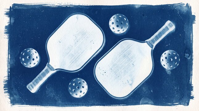 Pickleball Paddles and Balls in Cyanotype Print