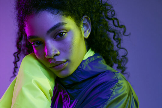 Young Woman Posing Under Vibrant Neon Lighting