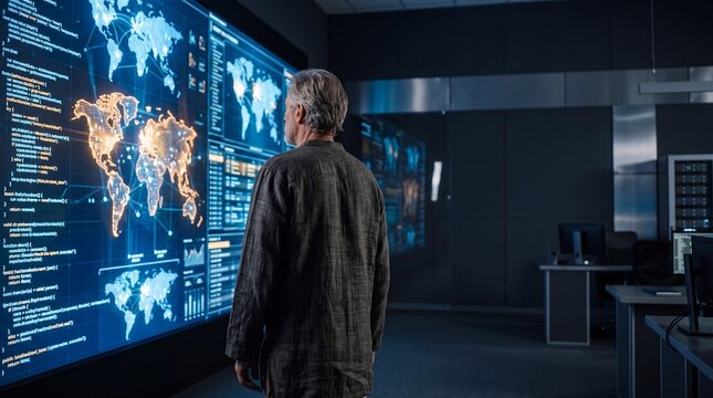 IT Specialist Analyzing Global Data Screen in Command Center