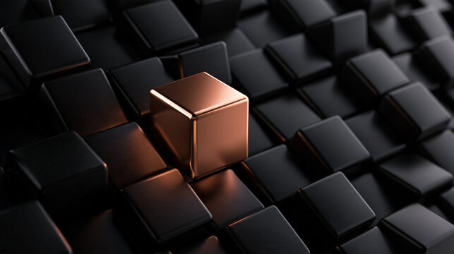 Metallic Cube Standing Out Among Black Cubes