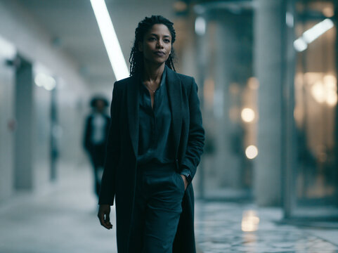 Confident Businesswoman Walking in Modern Corporate Office Hallway