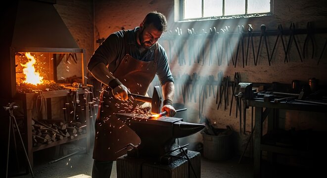 Professional blacksmith hammering hot iron on an anvil.