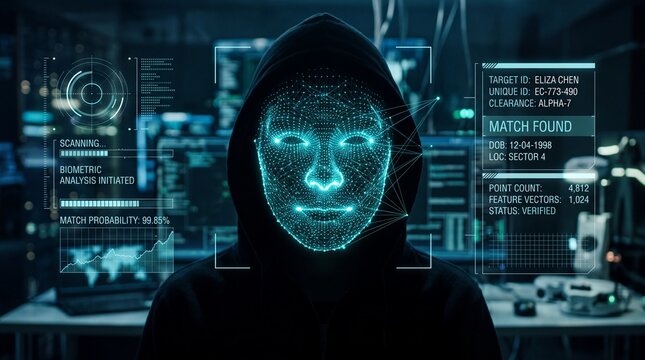 Facial Recognition Biometric Scan on Hooded Hacker