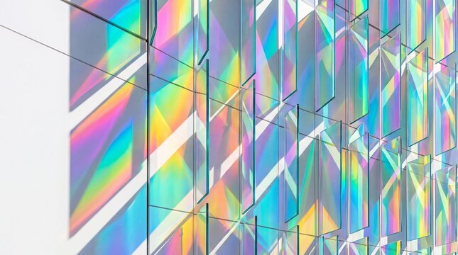 Colorful Iridescent Glass Facade with Prismatic Light Reflections