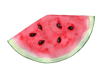 A piece of ripe watermelon, drawn in watercolor and isolated against a white background. © Alena