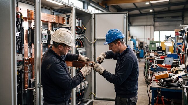 Electricians Working on Electrical Control Panel in Industrial Workshop