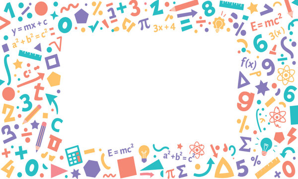 Abstract Math and Science Border: A vibrant, colorful border filled with mathematical symbols, formulas, and scientific icons frames a blank white space.