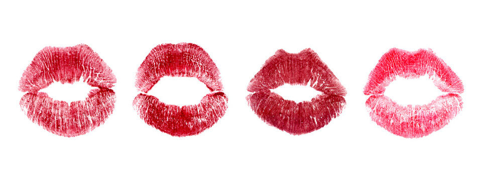 Red lipstick lip print on a white background - kiss set
