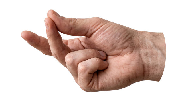 Male hand snapping fingers isolated on transparent background skin texture rhythmic movement click gesture holding small object sign studio cutout element.