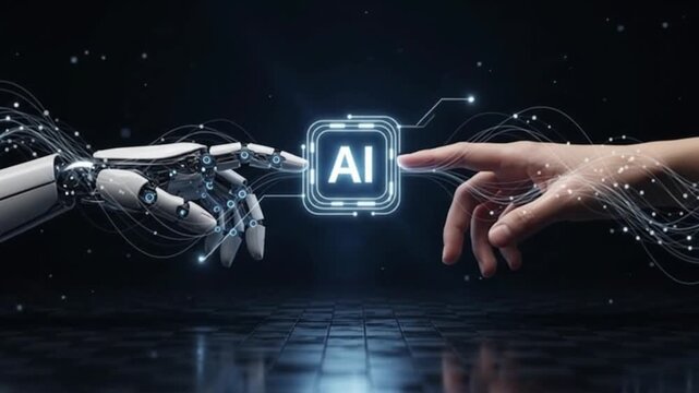 Artificial Intelligence Human Robot Interaction with Glowing AI Chip and Futuristic Digital Technology Animation