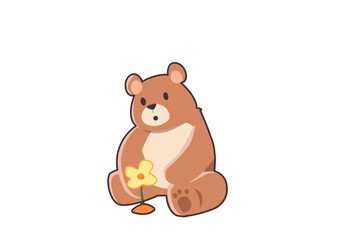 Fototapeta premium Cute brown honey bear cartoon character sitting with a flower, flat vector illustration isolated on white