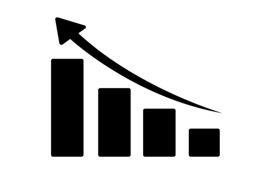 Black vector illustration of a bar chart with four descending bars and a large downward arrow symbolizing decline negative trend and falling statistics on white background