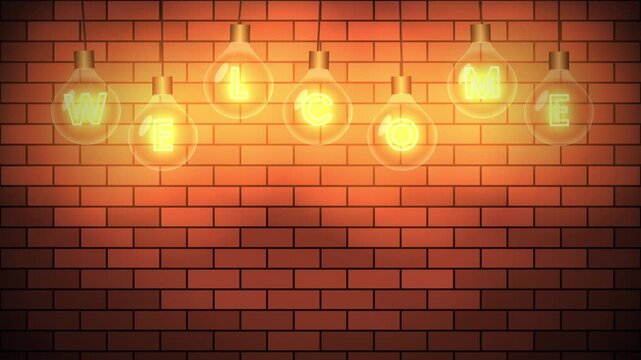 Welcome message formed by glowing Edison bulbs hanging in front of a brick wall