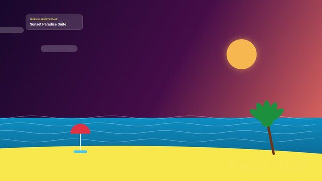 Tropical beach landscape featuring palm tree and sun shining over ocean vector illustration