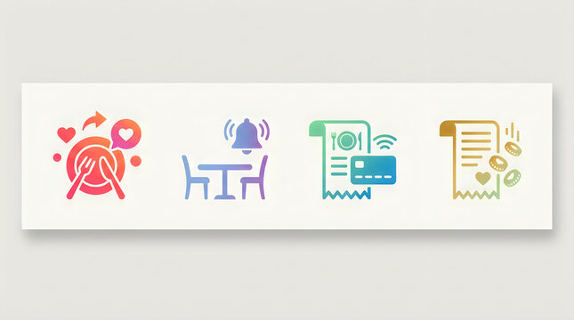 Vibrant gradient dining icons illustrating modern food ordering table reservation contactless payment and bill settlement concepts