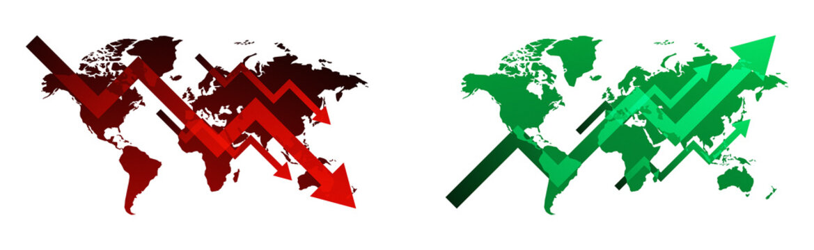 Two contrasting world maps with descending red and ascending green zigzag arrows, symbolizing global economic recession versus prosperity, market fluctuation and international financial outlook