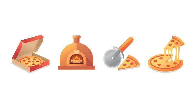 Four colorful cartoon pizza icons showing delivery box hot baking oven slicing cutter and tasty cheesy slice pulling away in a row