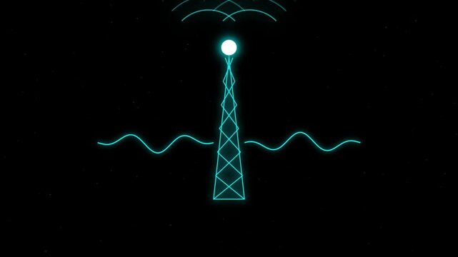 Glowing neon radio towers transmitting signal waves across dark background for global digital communication