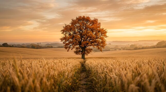 Golden wheat field with a solitary oak tree at sunset rural landscape scenery