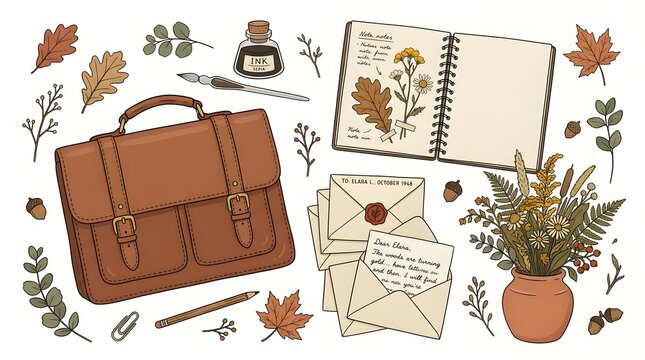 Vintage autumn stationery and office supplies illustration