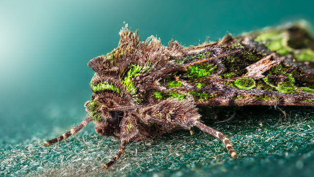 Green-brindled crescent moth (Allophyes oxyacanthae) in extreme macro, detailed brown and green patterned wings with teal background and shallow depth of field