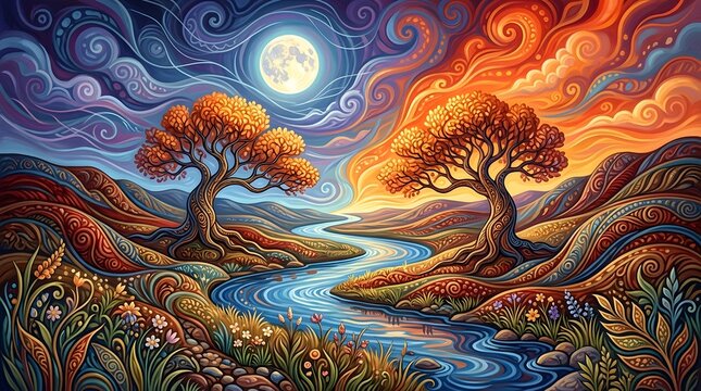Whimsical landscape with dual trees by a winding river under moonlight and sunset