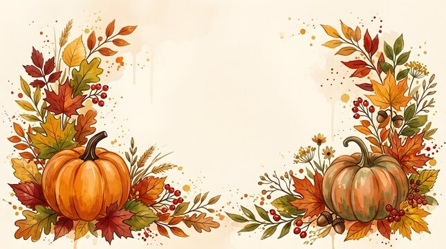 Autumnal pumpkins and fall foliage watercolor frame for seasonal designs and holiday greetings