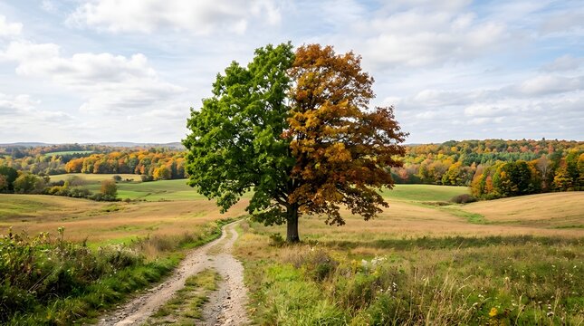 A tree with green and orange leaves on a dirt road in a rural landscape