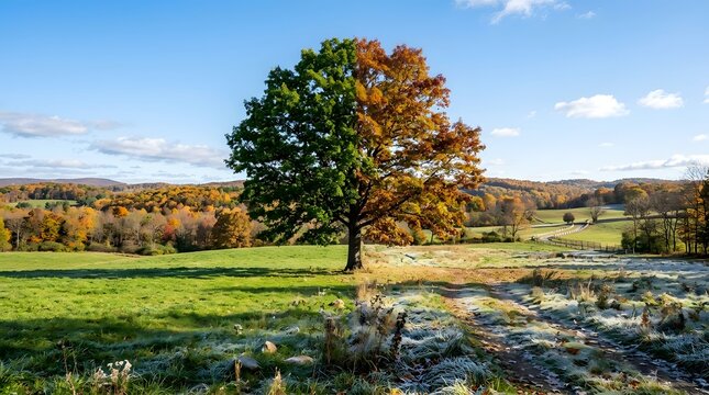 Autumn landscape with a single tree in a frosty field