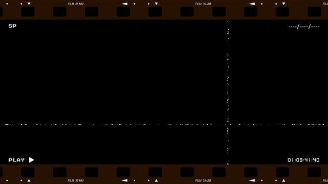 Retro VCR glitch effect with film strip border and digital timecode on black background designed as an alpha channel matte for video editing and analog defect overlays