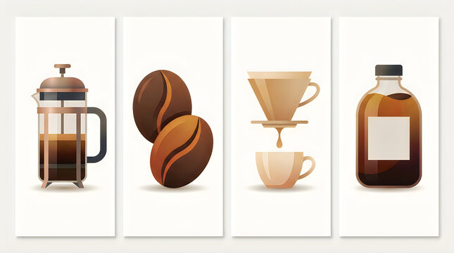 Coffee brewing methods illustration showing french press beans pour over cup bottle