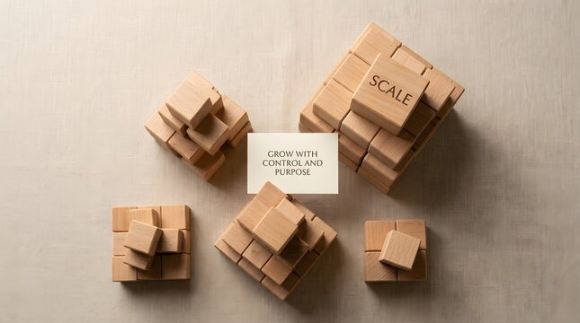Business Growth Concept with Wooden Block Pyramids and Scale Text on Minimal Neutral Background