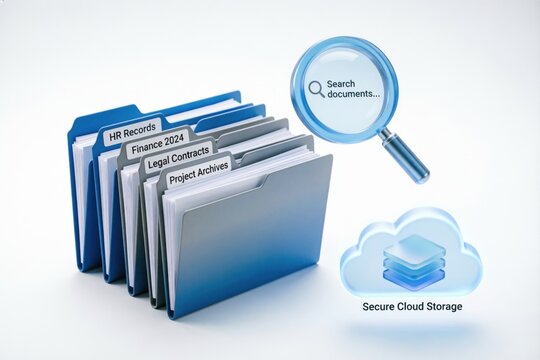 Concepto de archivo de documentos digitales con estructuras de carpetas organizadas, icono de lupa de b&uacute;squeda e iconos de almacenamiento en la nube
