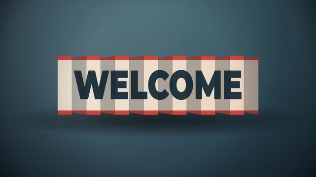 Welcome message displayed on a banner with a vintage striped border and a dark blue background