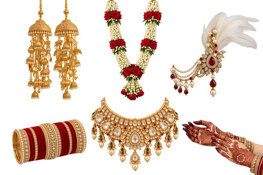 Indian traditional bridal wedding jewelry collection with necklace, kalire, bangles, garland, and mehendi hands isolated on black background