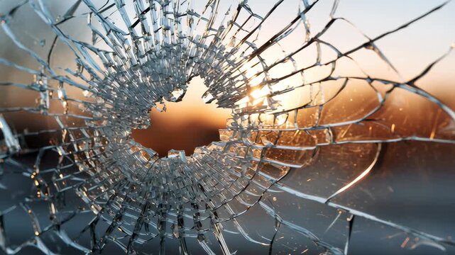 A close-up view of a shattered glass with sunlight streaming through the cracks, creating a dramatic effect