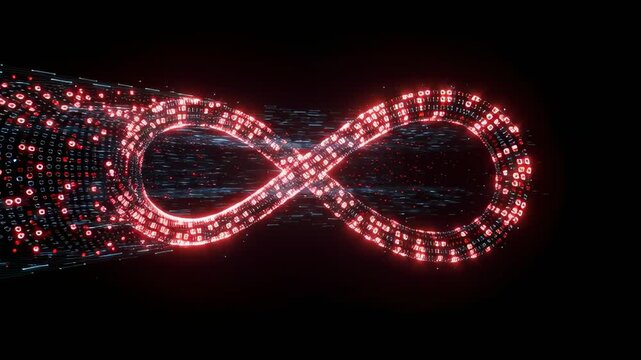 An abstract representation of the infinity symbol formed by glowing red digital data points against a dark background