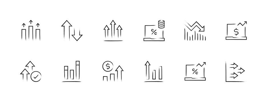 Increase and decrease icon collection. Financial growth, earning, economy, statistics, summary, growing, sales report and more. Editable stroke. Pixel Perfect.