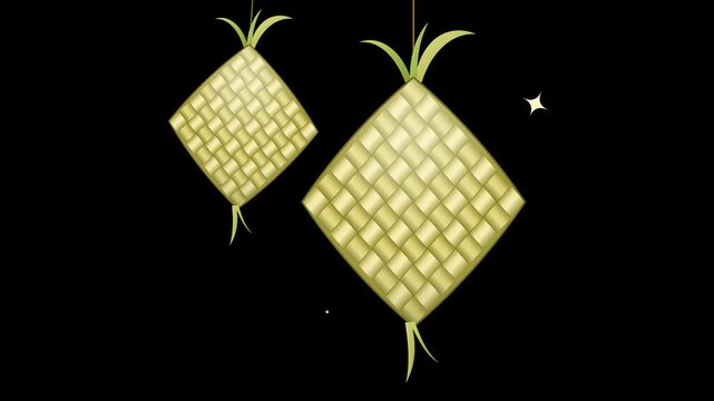 Detailed illustration of two ketupat, traditional diamond-shaped rice dumplings woven from young coconut palm leaves, hanging on twine with leaf tails, isolated on a transparent background (alpha chan