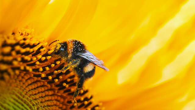 Bumblebee covered in golden pollen while feeding on sunflower, beautiful extreme macro photo with detailed insect, yellow petals, and shallow depth of field