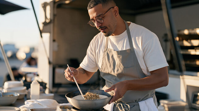Food truck operator testing a new seasonal prototype recipe under golden hour winter light a radio playing softly nearby as holiday Independence Day travel traffic stretches