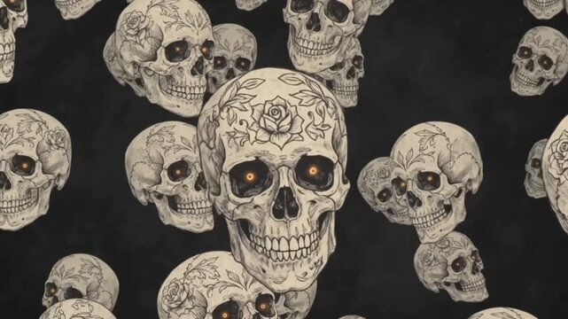 Gothic human skulls parallax motion background 4k loop for halloween.